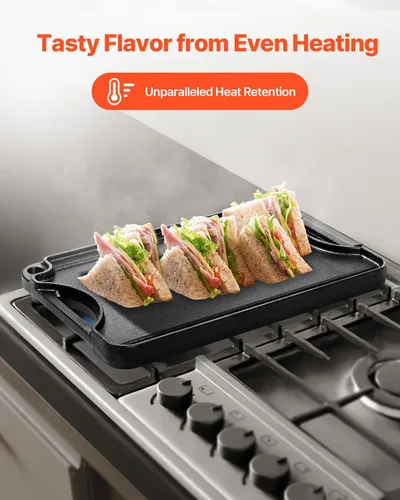 Miniatura 7 de VEVOR Parrilla/plancha reversible, plancha de hierro fundido pre-sazonada de 14 x 8.5 pulgadas, sartén rectangular portátil con asa, utensilios
