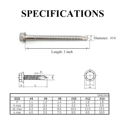 Miniatura 2 de Tornillos autoperforantes con cabeza hexagonal de arandela #14 x 3 (1 a 3 pulgadas), acero inoxidable 410, tornillos Tek de chapa autorroscantes, 25