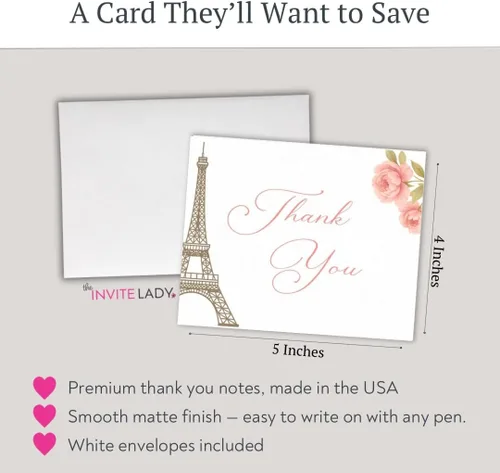 Miniatura 8 de Merci Thank You Cards - Notas de la Torre Eiffel, notas temáticas francesas con sobres (24 unidades)