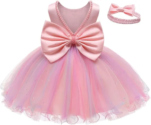 LZH - Vestido de bebé para niñas con volante, encaje, espalda descubierta y lazo - Incluye accesorio para la cabeza - Vestido con flores para