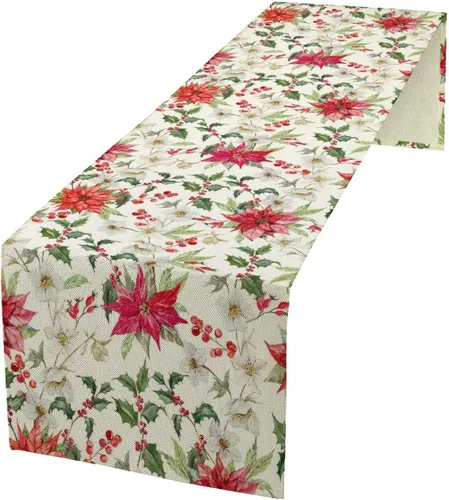 Camino de mesa de Pascua de Navidad, vacaciones de invierno, Navidad, flores rojas y blancas, hojas verdes, decoración rústica vintage para el