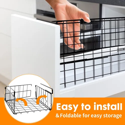 Miniatura 3 de Cestas de almacenamiento para debajo del estante, cesta plegable de acero al carbono debajo del gabinete para armarios de cocina, despensas, Negro 2