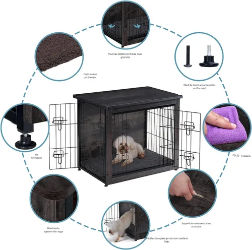 Miniatura 4 de DWANTON Mueble de jaula para perros con cojín, mesa de madera para perros con puertas dobles, casa de perro de interior, tamaño pequeño, mediano