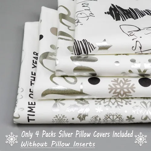 Miniatura 4 de JOJOGOGO Decoraciones de Navidad Fundas de Almohada de Navidad Plateadas y Blancas 18x18 Juego de 4, Decoración de Navidad Plateada Copos de Nieve