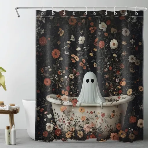 Miniatura 25 de LB Cortina de ducha pequeña de fantasma de Halloween de 48 x 68 pulgadas, forro de cortina de ducha de tamaño medio floral naranja, divertidas