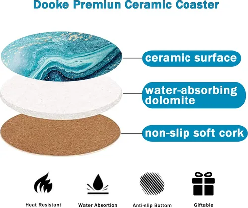Miniatura 5 de Dooke Posavasos para bebidas, juego de 6 posavasos redondos de cerámica absorbente con base de corcho, divertidos posavasos con soporte para bebidas