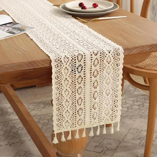 Gemseek Camino de mesa de ganchillo de algodón bohemio de 108 pulgadas de largo, color beige vintage, camino de mesa de macramé de encaje bohemio