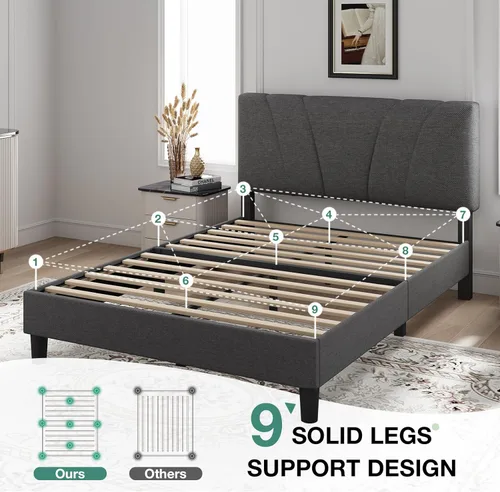 Miniatura 5 de Novilla Base de cama tamaño matrimonial con plataforma tapizada de tamaño completo con cabecera ajustable, fuerte capacidad de peso, no necesita Gris