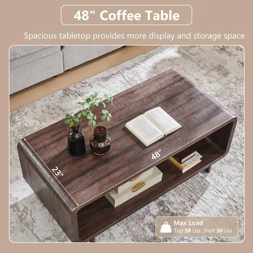 Miniatura 4 de IFGET Mesa de Centro Moderna de 48", Mesa Central Minimalista de 2 Niveles con Estante de Almacenamiento, Diseño de Perfil Curvo, Mesa Rectangular