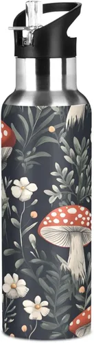 Miniatura 8 de Insulated Stainless Steel Water Bottle with Straw 20 Oz, BPA-Free Sport Water Bottle for Gym Outdoor Travel School, Red Mushrooms White Flowers