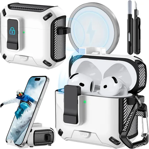 Miniatura 25 de Funda para AirPods Pro 2 (2023/2022/2019) con soporte para teléfono, (con interruptor a presión automático), diseño de fibra de carbono, cubierta
