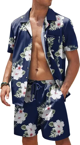 COOFANDY Conjunto de camisa y pantalones cortos hawaianos para hombre, 2 piezas, camisa floral con botones