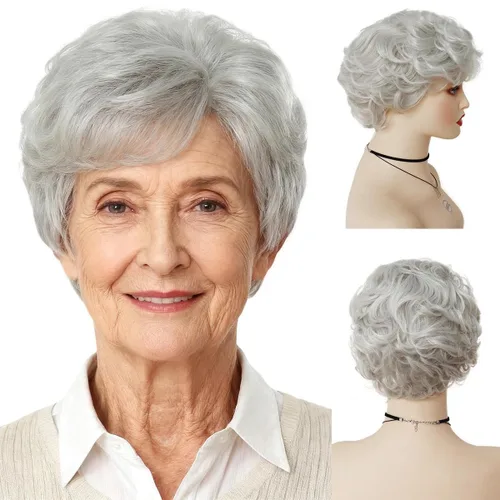 Miniatura 15 de GNIMEGIL Pelucas cortas rizadas grises para mujeres, pelo sintético suave, pelucas de reemplazo para abuela, pelucas completas para uso diario