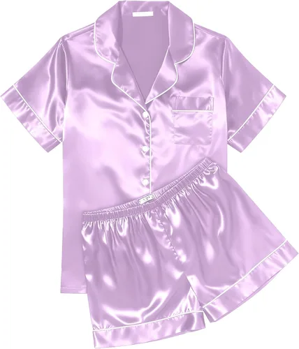 Miniatura 30 de Ekouaer Conjunto de pijama de satén de seda para mujer, suave, de manga corta, con botones, ropa para dormir, camiseta y pantalones cortos, juego