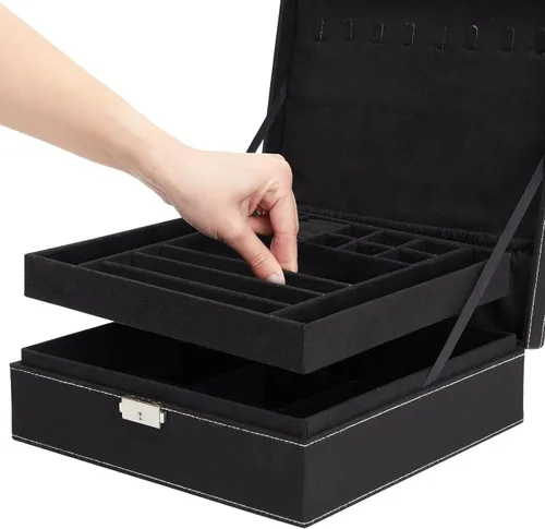 Miniatura 6 de Caja organizadora de alhajas con dos capas con cerradura y llave, textura de terciopelo, charola extraíble, compacta, amplio espacio de Negro