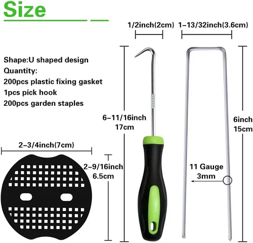 Miniatura 2 de Bakulyor 200 piezas de grapas para paisaje + 200 piezas de junta, grapas de estacas de jardín de 15,2 cm, calibre 11, galvanizadas, en forma de U