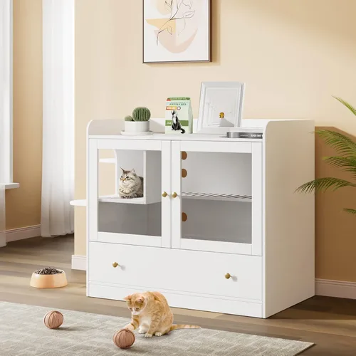 Miniatura 9 de Mueble extra grande con caja de arena oculta para gatos, gabinete para casa de gatos con escalera para 2, mesa auxiliar con cajón grande para sala