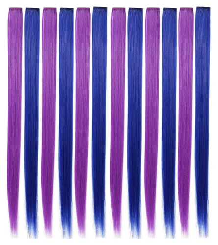Miniatura 5 de 12 extensiones de cabello sintético lacio de colores de 22 pulgadas con pinza, para fiestas, para mujeres, niños y niñas, violeta + azul zafiro B