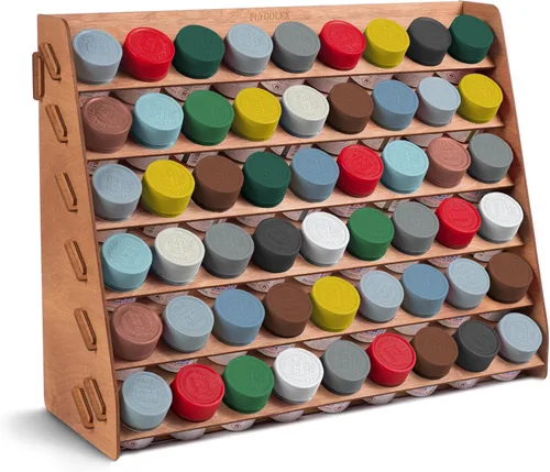 Miniatura 9 de Soporte para pintura de pared, funciona para Warhammer 40K, DnD, otras figuritas, 72 agujeros para botellas de pintura Vallejo, estante de madera