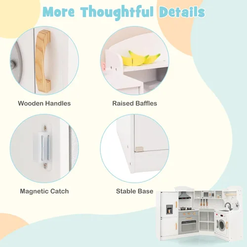 Miniatura 7 de Juego de cocina de esquina de madera para niños con luces y sonidos, juego de cocina de juguete con traje de chef, cocina para niños pequeños