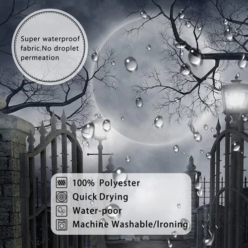 Miniatura 4 de Cortina de ducha de Halloween para baño, noche aterradora, patio, puerta, luna espeluznante, árbol muerto, lámpara de calle, poliester, impermeable