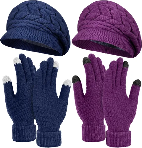 Miniatura 23 de SATINIOR Juego de 4 gorros y guantes de invierno para mujer, gorro de punto cálido, gorro de esquí de nieve con visera y guante para pantalla rojo