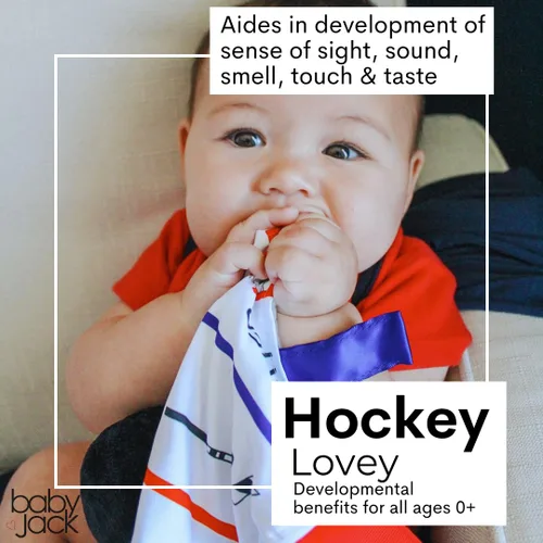 Miniatura 3 de Baby Jack & Co - Manta de felpa sensorial de hockey deportiva de 10 x 10 pulgadas, juguetes de etiqueta para bebés, juguetes para cochecito de bebé