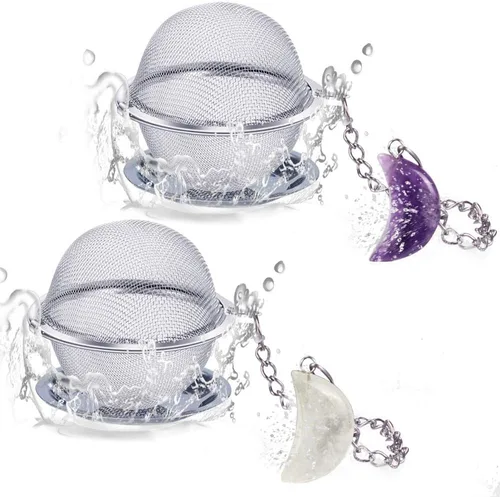 2 coladores de té, infusores de té de malla de acero inoxidable, amatista y cristal blanco con colgante de luna de cristal blanco, filtro de té con
