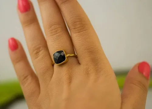 Miniatura 3 de Anillos de piedra preciosa de ónix con pompón de plata 925, cojín de 0.394in