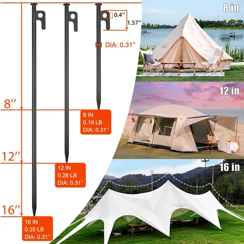 Miniatura 5 de Paquete de 8 estacas de metal resistentes para tienda de campaña para camping, estacas de acero de 12 pulgadas, irrompibles e inflexibles