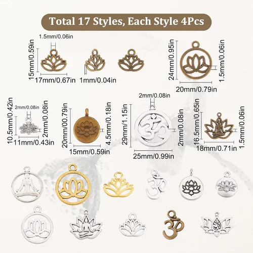 Miniatura 2 de SUNNYCLUE 1 caja 68 dijes de loto para yoga, flor de loto, dije hueco OM Yoga Chakra Energía Dijes planos redondos para hacer joyas, collares