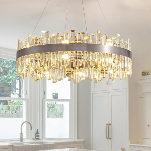 Miniatura 24 de Siljoy Candelabro moderno de cristal de 12 luces de oro cepillado de 2 niveles con forma de gota de lluvia de cristal, ajustable, montaje al ras