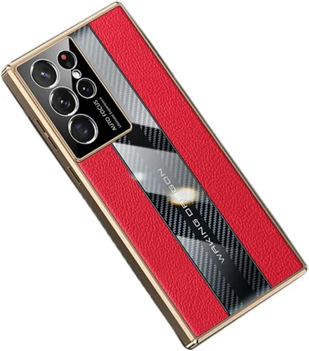 Lunivop Funda para Samsung Galaxy S22 Ultra 5G de 6.8 pulgadas, TPU de lujo de fibra de carbono y cubierta trasera de cuero, compatible con S Rojo