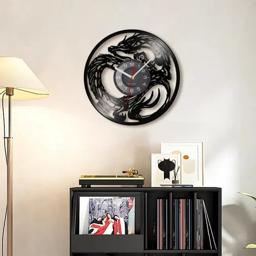 Miniatura 9 de Reloj de pared con diseño de dragón de 12 pulgadas, 7 cambios de color, decoración medieval de fantasía, disco de vinilo, reloj de pared de dragones