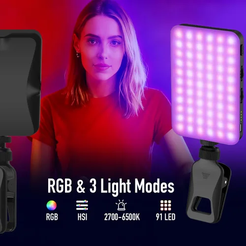 Miniatura 7 de 91 LED cargador portátil selfie luz videoconferencia iluminación with Clip & Camera Tripod Adapter, Rechargeable 2000mAh, CRI 96+, 4 Light Modes