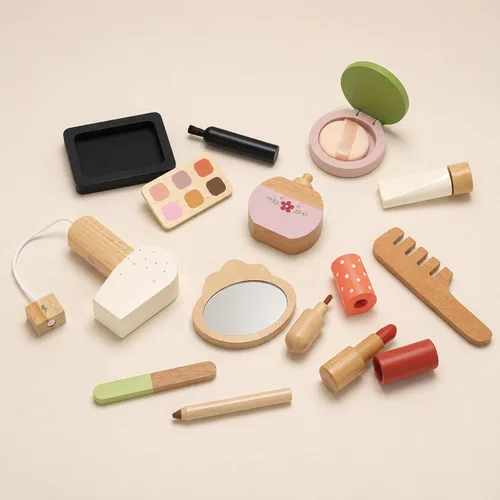 Miniatura 3 de Juego de maquillaje de madera para niños, juego de salón de belleza con espejo giratorio y espejo pequeño desmontable, juguetes de mesa de tocador