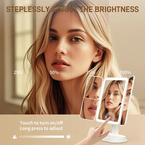 Miniatura 4 de FRANO Espejo de maquillaje plegable de tres pliegues con luces, espejo recargable con aumento de 2X/3X/10X, espejo de tocador portátil