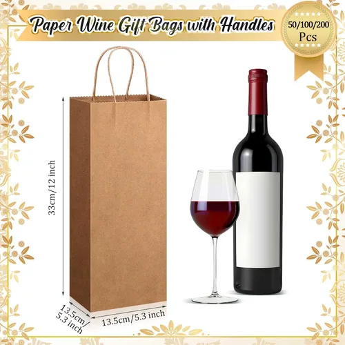Miniatura 2 de Handepo 50 bolsas de papel kraft para vino con asas prácticas de 13 x 5.3 x 3.3 pulgadas, bolsas de compras para pequeñas empresas (marrón)