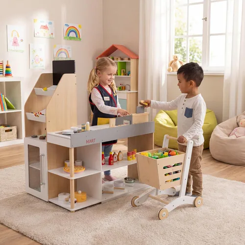Miniatura 2 de HONEY JOY Juego de Tienda de Comestibles para Niños, Tienda de Comestibles de Madera de Juego de Simulación con Carrito, Soporte de Caja