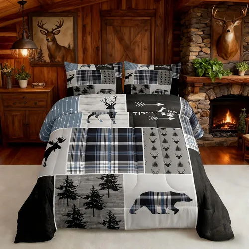 Miniatura 3 de Juego de edredón individual de aventura rústica para niños, juego de ropa de cama navideña de ciervos, osos y pinos para niños y adultos, decoración