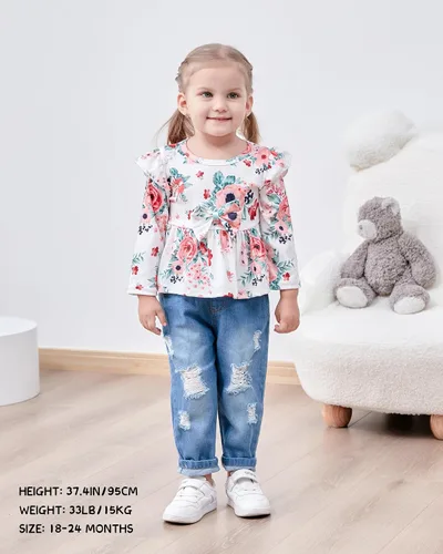 Miniatura 3 de SANMIO Conjunto de ropa para niña, lindo conjunto de camiseta floral con mangas con volantes y pantalones de mezclilla rasgados