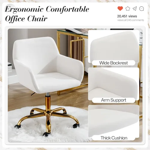 Miniatura 5 de Silla de escritorio de pelo sintético giratoria 360°, silla de oficina ajustable en altura con base dorada para adolescentes, mujeres y niñas, silla