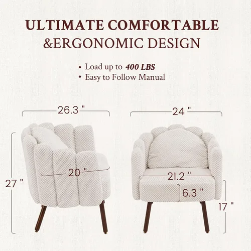 Miniatura 2 de Furniliving Silla de tocador beige, silla de terciopelo para sala de estar, sillas de concha con patas de madera, silla de maquillaje