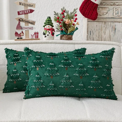 Miniatura 46 de Kevin Textile - Fundas de almohada con diseño de árbol de Navidad de 16 x 16 pulgadas, juego de 2, bordado de lujo, felpa suave, piel sintética
