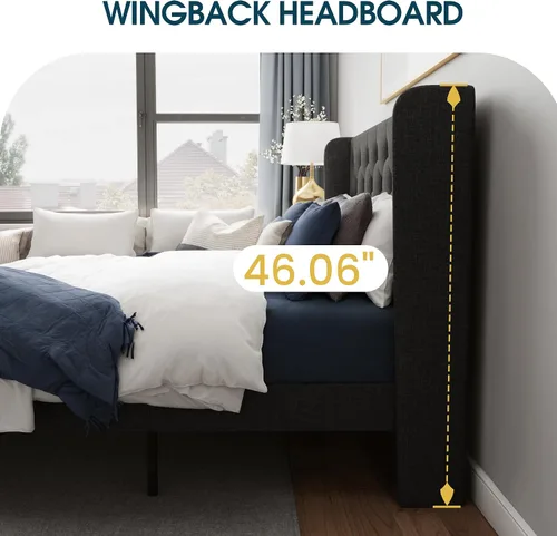 Miniatura 4 de WEEWAY Base de cama tapizada de tamaño matrimonial con cabecera copetuda con respaldo de alas, plataforma moderna con soporte de listones de madera