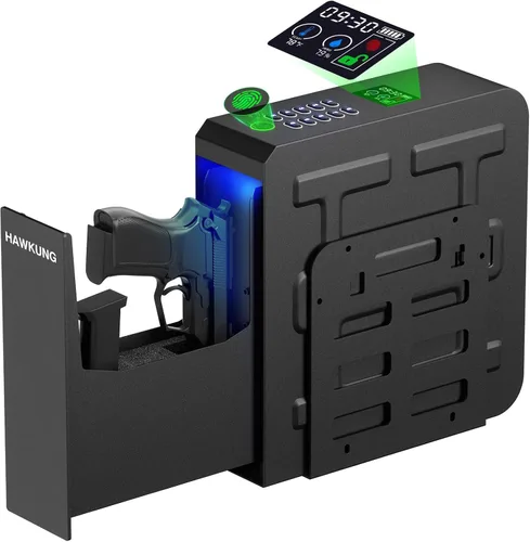 Caja de seguridad biométrica para armas con huella digital, caja de seguridad deslizante para pistola junto a la cama para armas de mano con 3