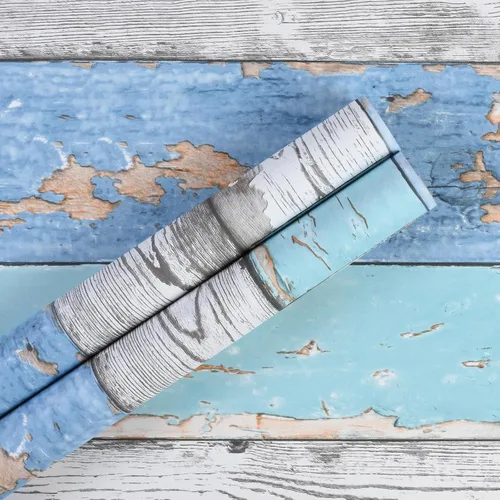 Miniatura 2 de Caltero Papel tapiz de tablones de madera de 17.71 pulgadas × 98.4 pies, papel tapiz de madera envejecida azul para despegar y pegar, papel tapiz
