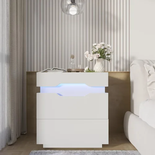 Miniatura 2 de YESHOMY Mesita de noche con luz LED y estación de carga, mesa auxiliar con 2 cajones, mesita de noche con gran capacidad, para dormitorio, juego