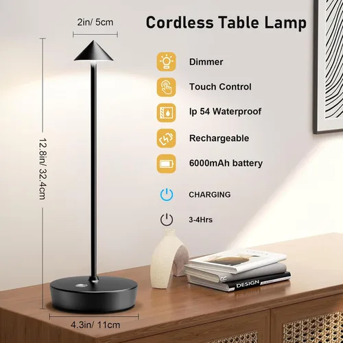 Miniatura 2 de Juego de 2 lámparas de mesa recargables inalámbricas, lámpara de escritorio LED de 6000 mAh con batería, control táctil, atenuación de 3