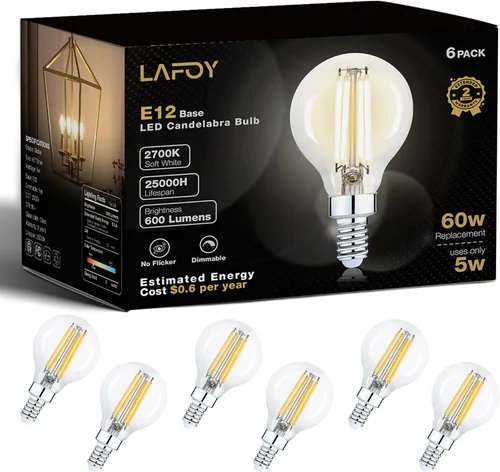 Lafoy Bombillas redondas E12 para candelabros G16.5 equivalentes a 60 W, bombilla LED regulable, luz blanca suave de 2700 K, bombilla globo de 60